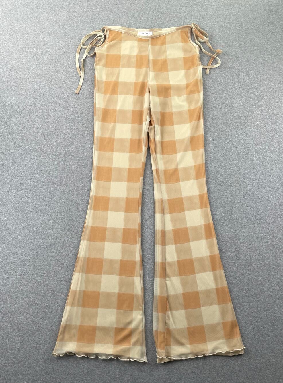 TOPSHOP Pants Womens 4 Yellow Flare Mesh Check Plaid Side Ties Festival Summer